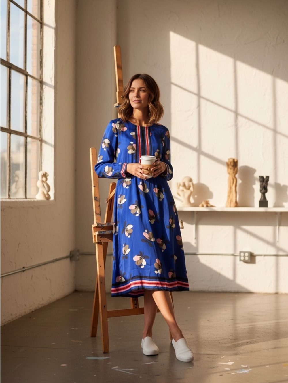 Boden Blue Floral Midi Dress with Stripe Trim Viscose Size 4R